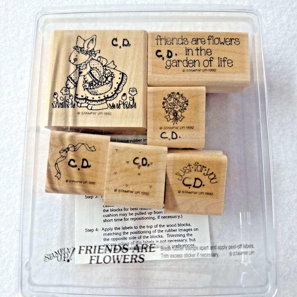 Stampin' Up! Friends Are Flowers 1992 Rubber Stamp Set Bunny Floral Vintage 6pc